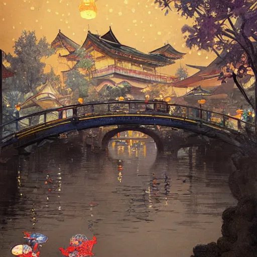 Prompt: view from the river of a beautiful painting of the lantern festival in a town resembling old kyoto and old town prague, at night with a sky full of stars, intricate, elegant, highly detailed, digital painting, artstation, concept art, by krenz cushart and artem demura and alphonse mucha