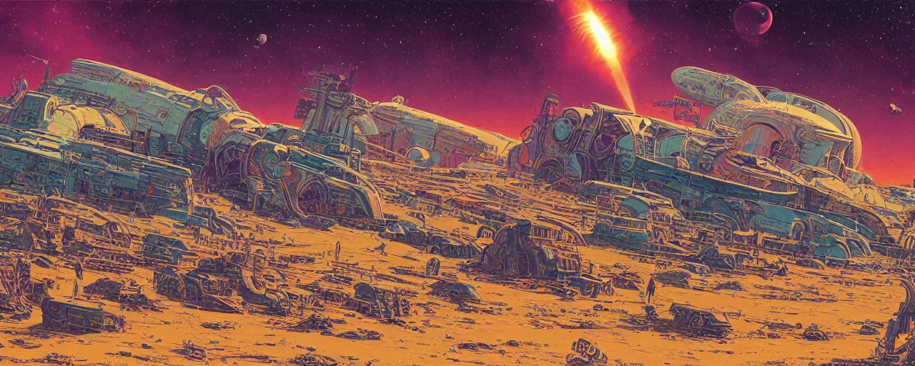 Prompt: illustration of a vast cosmic junkyard on a barren world. the environment is cluttered with colourful old broken sci fi vehicles and Rockets. Landscape image. a distant mountain and stars in the sky. Moebius & Jean-Claude Mézières. digital painting. extremely detailed science fiction art. high resolution image.