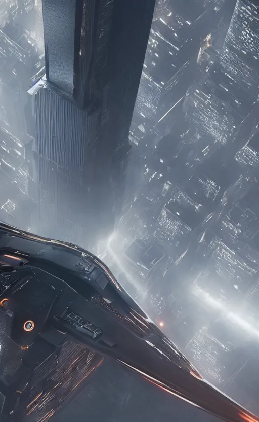 Image similar to a intricate detailed spaceship designed by peter schreyer flying over NYC in style of blade runner 2049