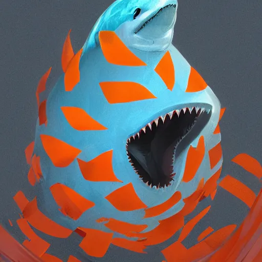 Image similar to great white shark with an orange traffic cone orange traffic cone orange traffic cone instead of a fin - ron cheng & alphonse mucha, highly detailed, digital painting, ray tracing, concept art, illustration, smooth sharp focus, intricate, symmetry, artstation,