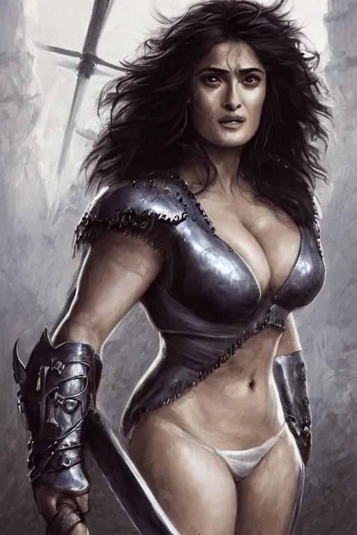 Prompt: portrait, Salma Hayek as a barbarian , dressed in torn white leather and high heeled boots , face portrait, raphael lacoste, eddie mendoza, alex ross, concept art, matte painting, highly detailed, rule of thirds, dynamic lighting, cinematic, detailed, denoised, centred