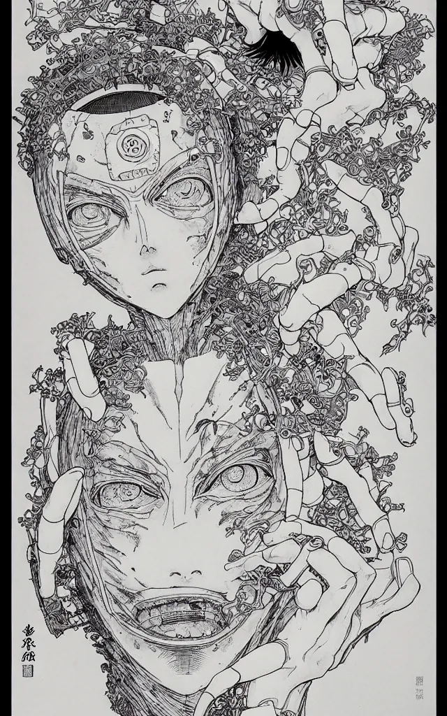 Image similar to prompt: Fragile looking face drawn by Takato Yamamoto, ceramic looking face, cyber parts, inspired by Naruto and Bandai Namco, clean ink detailed line drawing, intricate detail drawing, manga 1990