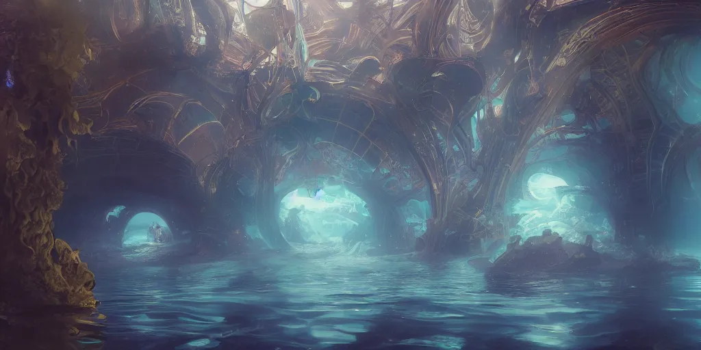 Image similar to an underwater landscape in the abyss, futuristic cathedral underwater, photorealistic, people, fishes, light rays from above the surface, realistic paint, specular light, high contrast, highly detailed, 4k, shallow depth of field, cinematic light, concept art, artstation, art by Enrich Victor, Alphonse Mucha