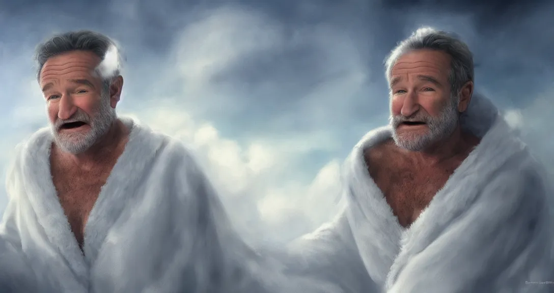 Prompt: robin williams is god, white beard, clouds, heaven, blue eyes, white robe, single subject, intricate, detailed, volumetric lighting, scenery, digital painting, highly detailed, artstation, sharp focus