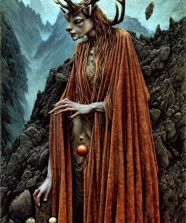 Image similar to A detailed horned deerwoman stands among the mountains with a pebble in hand. Wearing a ripped mantle, robe. Extremely high details, realistic, fantasy art, solo, masterpiece, art by Zdzisław Beksiński, Arthur Rackham, Dariusz Zawadzki