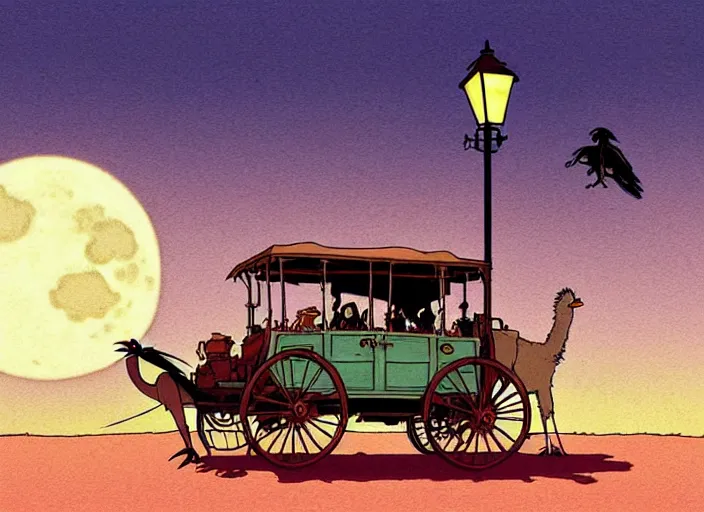 Image similar to a cell shaded cartoon of a stagecoach being pulled by two emu's from howl's moving castle ( 2 0 0 4 ), on a desert road, lamp posts, in front of a pale full moon, full body, wide shot, very dull muted colors, studio ghibli, laurie greasley, highly detailed, deviantart, art by artgem