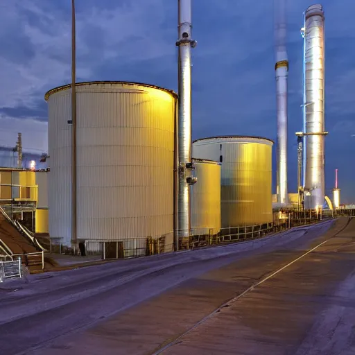 Prompt: photo of a factory exterior at night. lots of illuminated catwalks and gangways surrounding tall silos. various tubes and pipes run in raceways along the site.