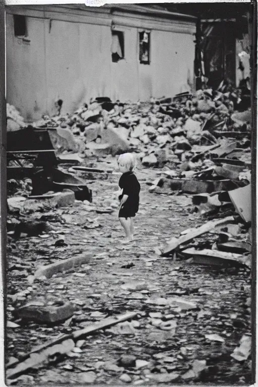 Image similar to photo polaroid of sad and lonely child in the middle of the street, destroyed buildings rubble, loneliness, war, black and white ,photorealistic, 35mm film,