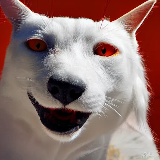 Prompt: an orange cat grinning widely at a white dog. photograph. digital art.