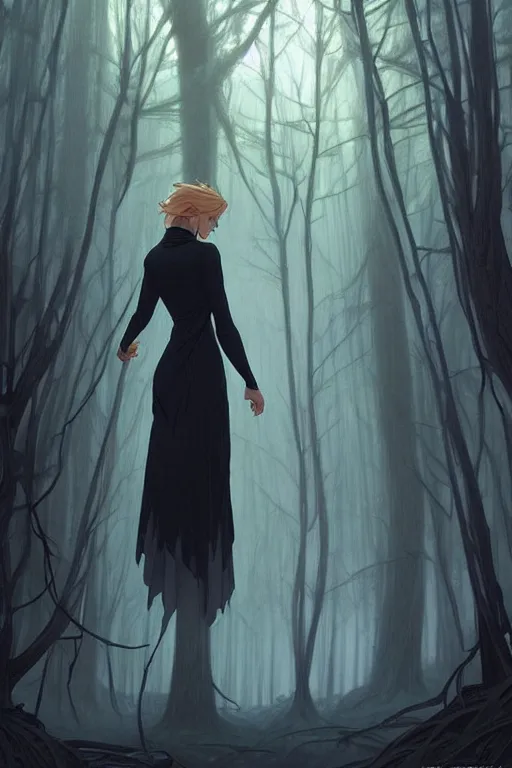 Image similar to elsa walking in a forest, winter, somber, sad, black dress, low light, foggy at dawn, sunlight visible through tree leaves, misty, magic, atmospheric art by artgerm and greg rutkowski and alphonse mucha and by artgerm, by studio muti, greg rutkowski makoto shinkai takashi takeuchi,