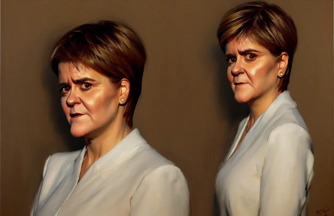 Image similar to portrait of nicola sturgeon!!!!!!!!!!!!!!!!!!!!!!!!!!!, detailed face, detailed painting, epic lighting, by ilya repin, phil hale and kent williams