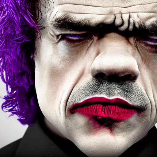 Image similar to stunning awe inspiring peter dinklage as the joker movie still 8 k hdr atmospheric lighting