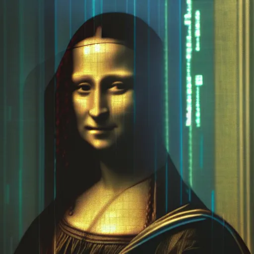 Image similar to cinematic movie still of cybernetic character named Mona Lisa in The Matrix, futuristic eye implant, cyberpunk, XF IQ4, 150MP, 50mm, F1.4, ISO 200, 1/160s, twilight in the city