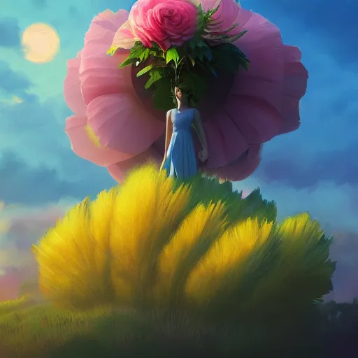 Prompt: closeup, giant rose flower head, frontal, girl with suit, surreal photography, sunrise, dramatic light, impressionist painting, digital painting, artstation, simon stalenhag