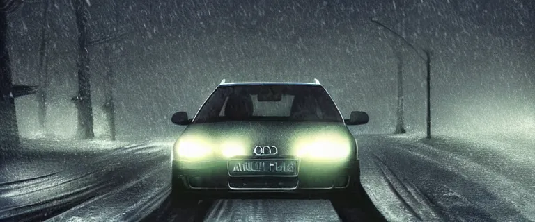 Image similar to Audi A4 B6 Avant (2002), a gritty neo-noir, dramatic bright lighting, cinematic, establishing shot, extremely high detail, photorealistic, cinematic lighting, artstation, by simon stalenhag, Snowy italian road, Snowy Apennines, At night, Poets of the Fall - Late Goodbye