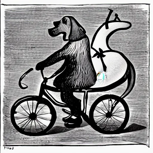 Prompt: illustration of a dog riding a bike in paris in the style of p. d. eastman