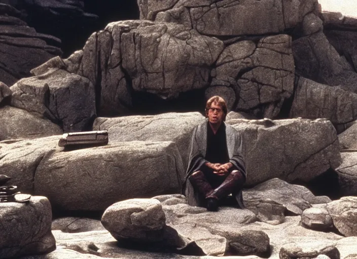 Image similar to screenshot of Luke Skywalker sitting around rocks floating in the air, outside on the rocky jedi temple, iconic scene from the last jedi, 1980s film directed by Stanley Kubrick, great portrait of Mark Hammill, cinematic lighting, kodak, stunning moody cinematography, with anamorphic lenses, crisp, detailed portrait, 4k image