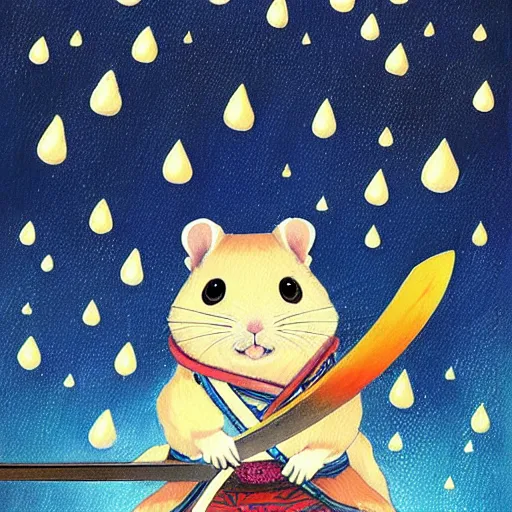 Image similar to japanese hamster samurai. with long sword. anime art. painting. rain of meteors on background