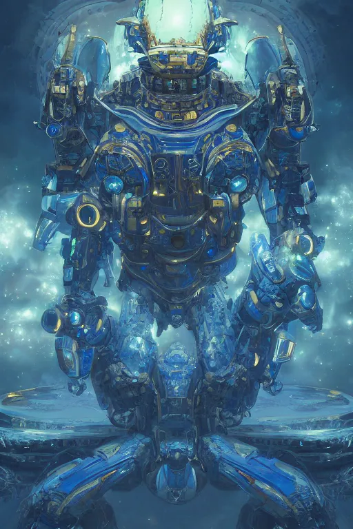Prompt: a Portrait of a mythical space organic mech, D&D, sci-fi fantasy, intricate, blue and gold, highly detailed , art by Range Murata, rim lighting, highly detailed, 3d, octane render, bright colors, digital painting, trending on artstation, sharp focus, illustration style of Stanley Artgerm,