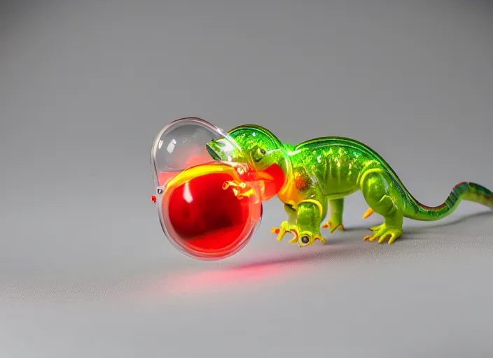 Image similar to photo of a translucent clear chibi style baby dinosaur with symmetrical head and eyes, made out of clear plastic, but has red hypercolor glowing electric energy inside its body, and electricity flowing around the body. in the forest. fantasy magic style. highly detailed 8 k. intricate. nikon d 8 5 0 3 0 0 mm. award winning photography. design by pixar