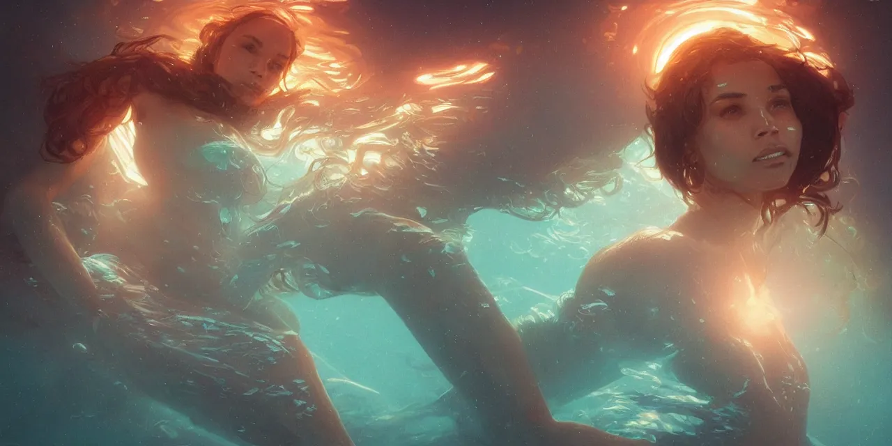 Prompt: dreamgirl zoe kravitz astronaut, underwater in the ocean at night, atmospheric, volumetric lighting, glowing lights, 4k, octane, digital painting, artstation, concept art, sharp focus, illustration, art by artgerm and greg rutkowski and alphonse mucha