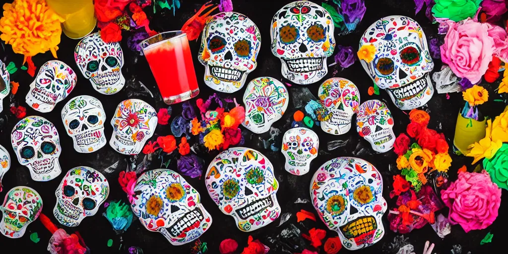 Prompt: day of the dead themed foods and drinks, a photo of a day of the death birthday party celebration, birthday party, day of the dead themed foods and drinks, colorfull, sugar skull, kids, child, photo realistic, hyper realistic, detailed, sharp, focused, focused, detailed, sharp, instagram, pinterest, influencer, 8 k, hyperrealistic, octane render