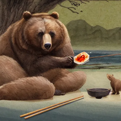 Image similar to bear eating sushi with chopsticks, a detailed matte painting by anton pieck, deviantart contest winner, fantasy art, concept art, official art, matte drawing