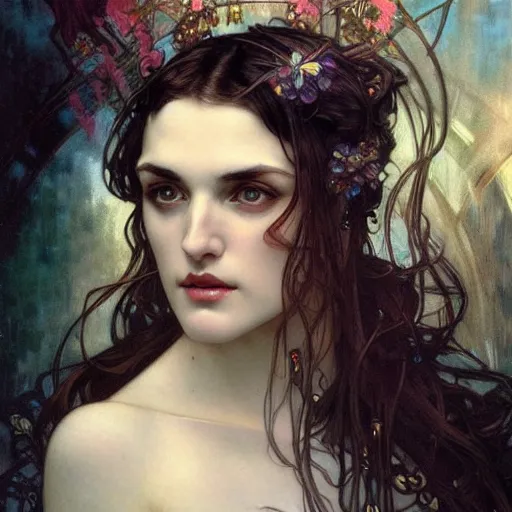 Prompt: realistic detailed face portrait of Katie McGrath by Alphonse Mucha, Ayami Kojima, Amano, Charlie Bowater, Karol Bak, Greg Hildebrandt, Jean Delville, and Mark Brooks, Art Nouveau, Neo-Gothic, gothic, rich deep moody colors