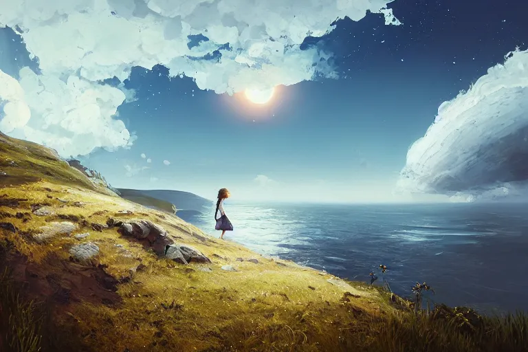 Prompt: giant white daisy flower over the head, girl walking on cliff, surreal photography, solar eclipse, milky way, dramatic light, impressionist painting, clouds, digital painting, artstation, james gilleard, liam wong, jeremy mann, simon stalenhag