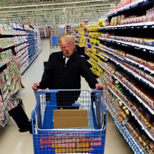 Prompt: aphex pointing at donald trump while in a walmart