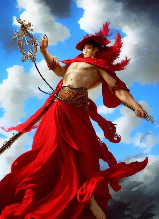 Image similar to A boisterous Red Mage wearing striped shining armor and a feathered hat holding a staff of power surrounded by an epic cloudscape. Magus. Red Wizard. Morpheus. masterpiece. 4k digital illustration. by Ruan Jia and Artgerm and Andreas Rocha and William-Adolphe Bouguereau and Edmund Blair Leighton. award winning, Artstation, intricate details, realistic, Hyperdetailed, 8k resolution. Concept Painting. Key Art