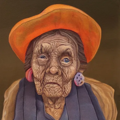 Image similar to painting of a wrinkled old woman, appalachian folk art