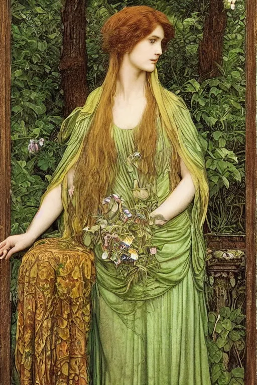 Prompt: beautiful priestess of the forest in a garden | pre-Raphaelites | green and gold silk brocade| floral embroidery |dramatic lighting | Evelyn De Morgan and John Waterhouse |