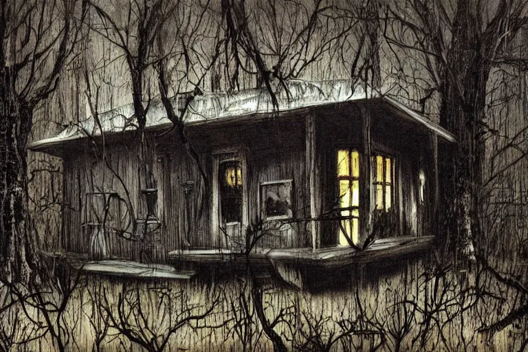 Image similar to mad horror painting of a cabine in the woods by ben templesmith