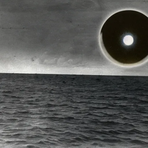 Prompt: 1 9 3 0 s photograph of a massive creature with glowing eyes peaking it's head out from a lake