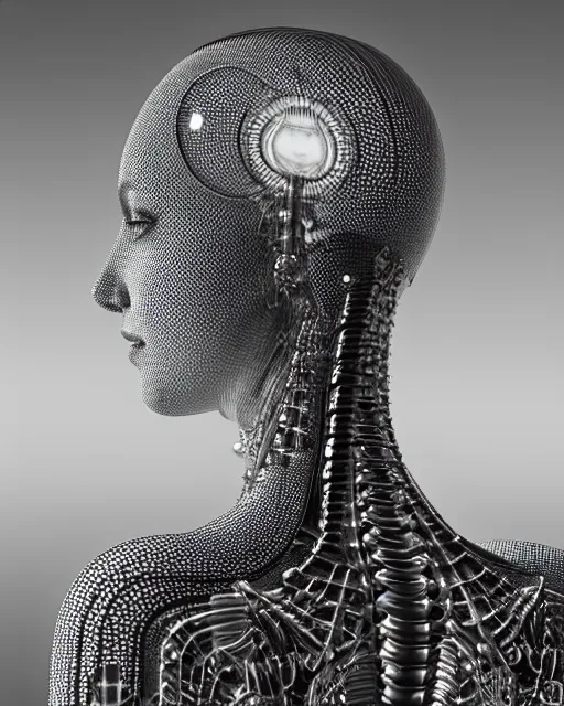 Image similar to mythical dreamy black and white organic translucent bio-mechanical spinal ribbed profile face portrait detail of steampunk mechanical beautiful female angelic-human-queen-realistic-cyborg, highly detailed, intricate crystal jelly ornate, poetic, 3D render, digital art, octane render, 8K artistic photography, photo-realistic, by Dora Maar