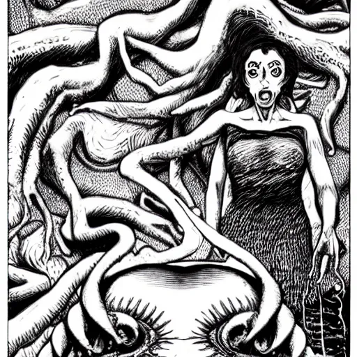 Image similar to the call of cthulhu in the style of junji ito,! dream the dunwich horror, hyper realistic, photorealistic, highly detailed