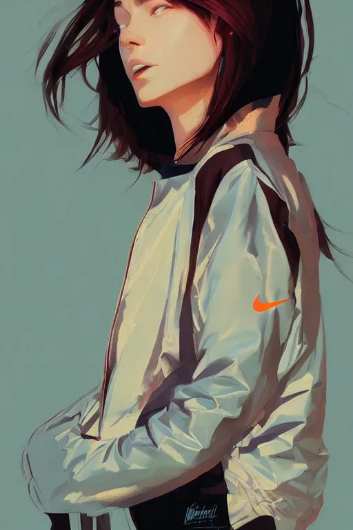 Prompt: a ultradetailed beautiful panting of a stylish woman, she is wearing an oversized nike jacket, by ilya kuvshinov, greg rutkowski, conrad roset and makoto shinkai