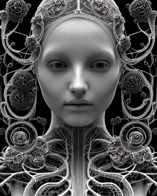 Image similar to mythical dreamy black and white organic bio - mechanical spinal ribbed profile face portrait detail of translucent steampunk beautiful female angelic - human - queen - vegetal - cyborg, highly detailed, intricate crystal ivy jelly ornate, poetic, translucent roses ornate, 3 d render, digital art, octane render, 8 k artistic photography, photo - realistic, by dora maar