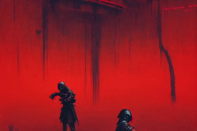 Image similar to only with red, a red cyborg samurai, tokio futuristic in background, some evil yokai, in the style of beksinski, parts by edward hopper, parts by rodcenko, parts by yue minjun, intricate and epic composition, red by caravaggio, insanely quality, highly detailed, masterpiece, red light, artstation, 4 k