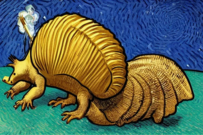 Image similar to an armadillo smoking a joint by vincent van gogh, digital art,