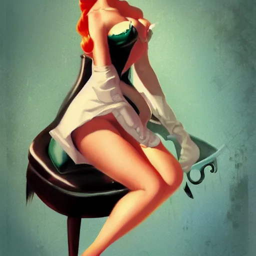 Image similar to a pinup illustration in the style of gil elvgren and in the style of anna dittmann.