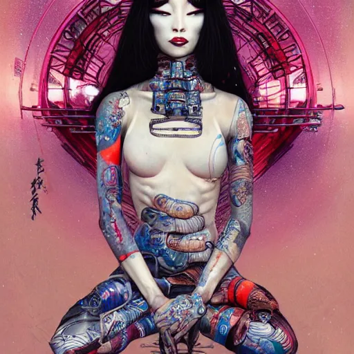 Prompt: cyberpunk geisha in a lotus position, wearing mechanical clothes and tattoos, 8 k, by tristan eaton, stanley artgermm, tom bagshaw, greg rutkowski, carne griffiths, ayami kojima, beksinski, giger, trending on deviantart, hyper detailed, cybernetic, full of colour, brain