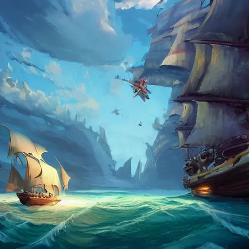 Image similar to two large pirates ship floating on top of a body of water, fighting each other, pirates flag , cgsociety, fantasy art, 2d game art, concept art , ambient occlusion, behance hd , concept art by Jesper Ejsing, by RHADS, Makoto Shinkai Cyril Rolando