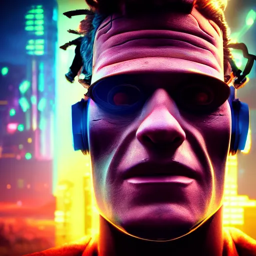 Prompt: Frankenstein wearing a cyberpunk headset, rendered by Beeple, synthwave style, character concept, digital art, unreal engine, WLOP, trending on artstation, 4K UHD image,