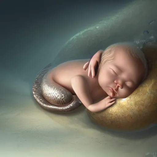 Image similar to a baby mermaid sleeping in an cracked egg, ultrarealistic, dramatic lighting, high details, 4 k, 8 k, best, accurate, trending on artstation, artstation, photorealism, ultrarealistic, digital painting, fantasy art