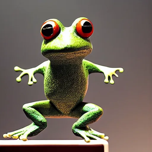 Image similar to a small frog standing on two feet at the hotel reception entry, claymation, aardman animation