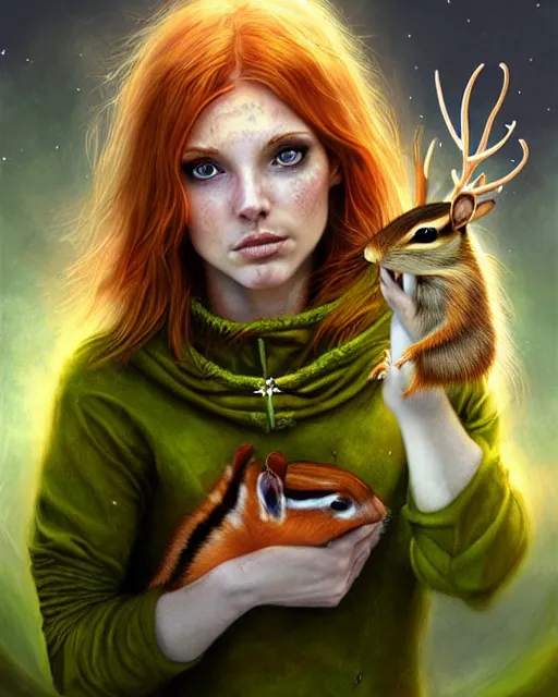 Prompt: female druid holding pet chipmunk, perfect face, thin antlers, beautiful green eyes, green halter top, ginger hair, abs, cinematic, freckles, stunning, athletic, strong, agile, highly detailed, psychedelic, digital painting, artstation, smooth, hard focus, illustration, art by jessica rossier and and brian froud