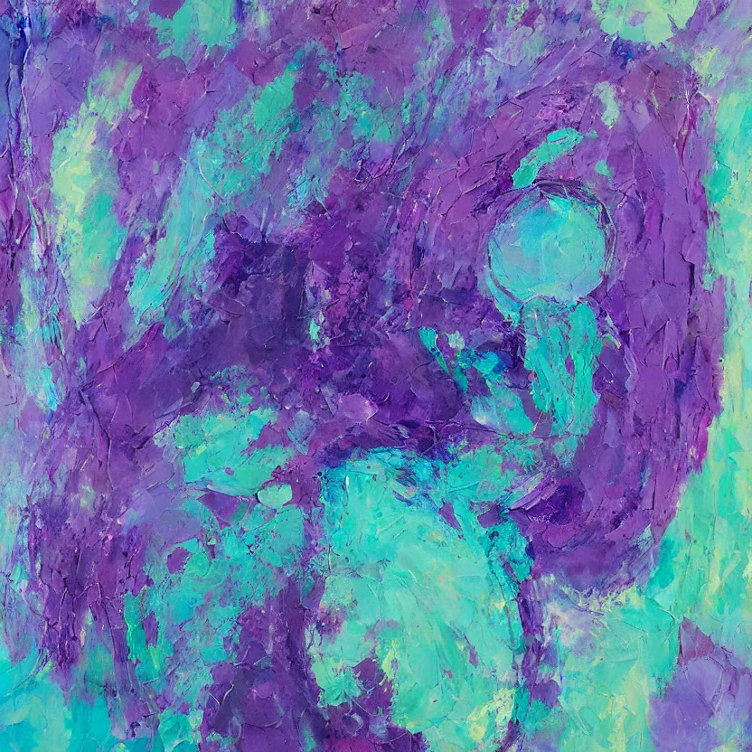 Image similar to abstract multiple layers of purple and blue shades paint dripping and running in a circular pattern in the rough form of a head, oil on canvas, detailed