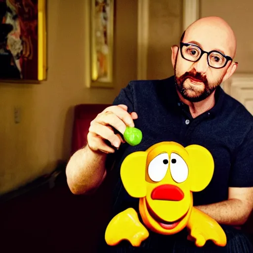 Prompt: a photograph of charles michel playing with mister potato head, by annie liebowitz